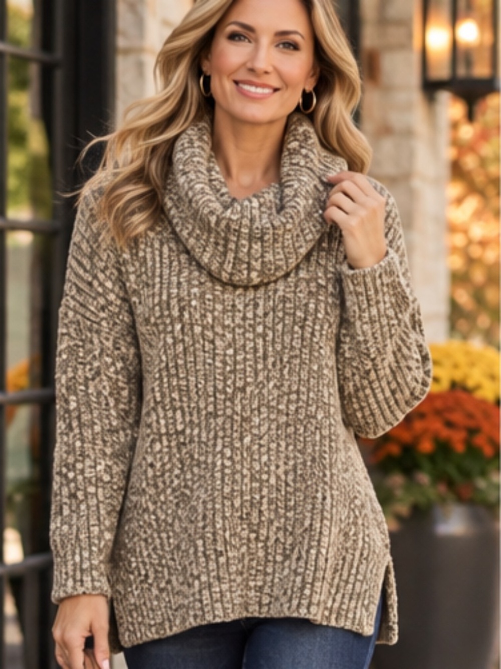 Marla Wynne Chenille Space Dyed Cowl Neck Sweater Neutral Combo Size L NWOT
